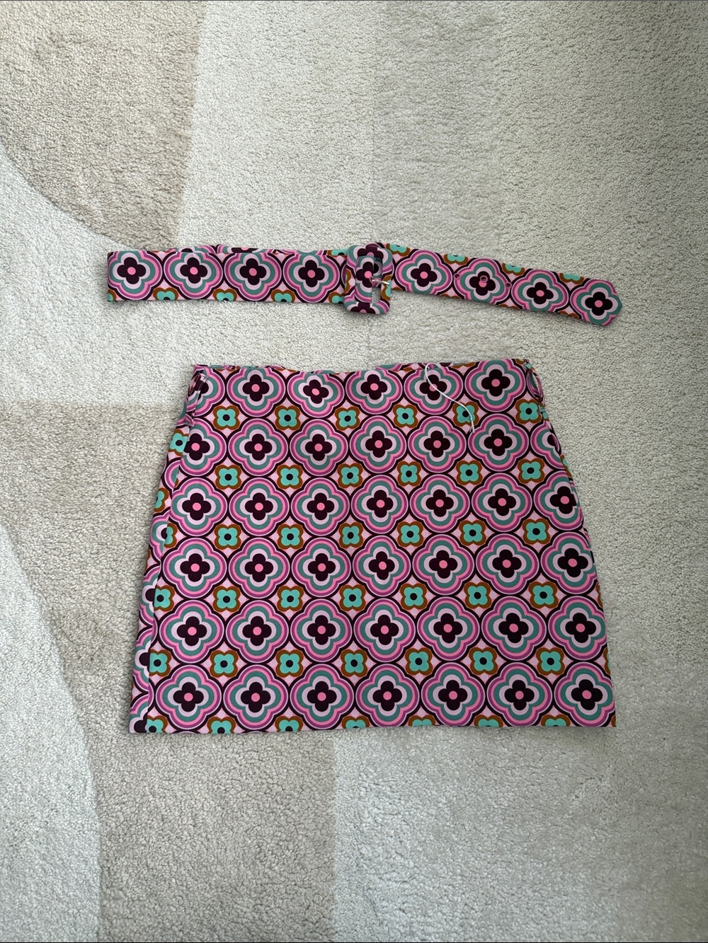 Zara Pink Multi-Color Geometric Mini Skirt with Belt